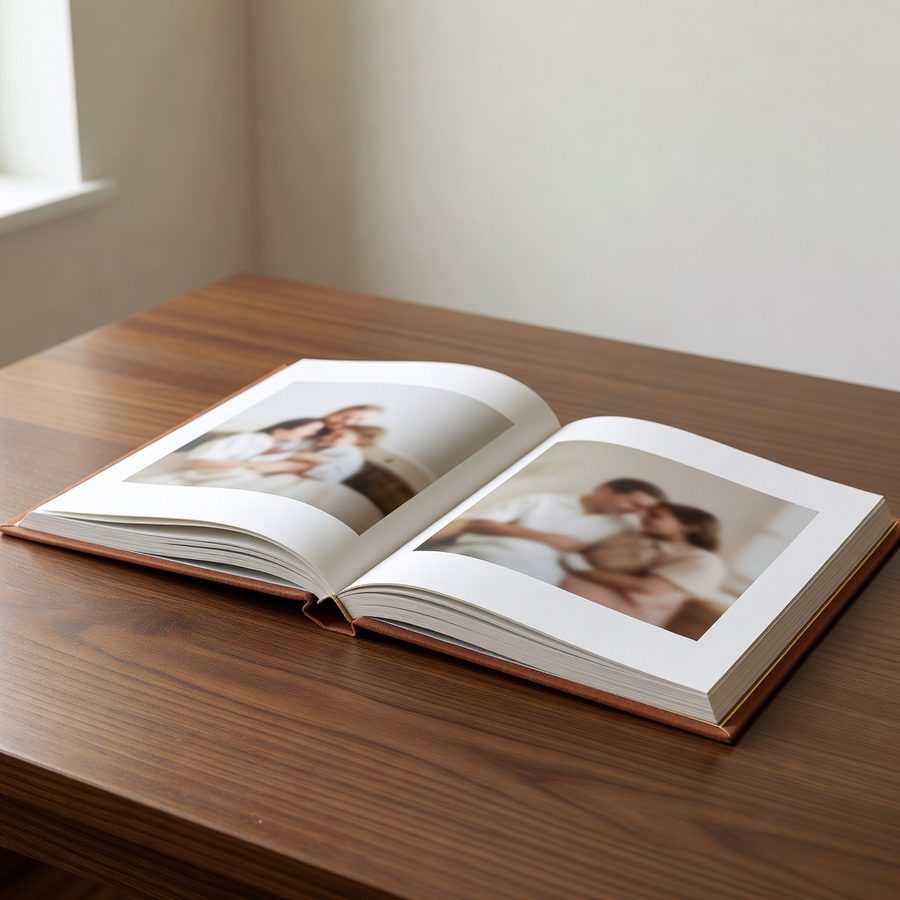 Prémiová fotokniha A4 — Plátený obal s gravírou, knižná väzba a papier prémiovej kvality.